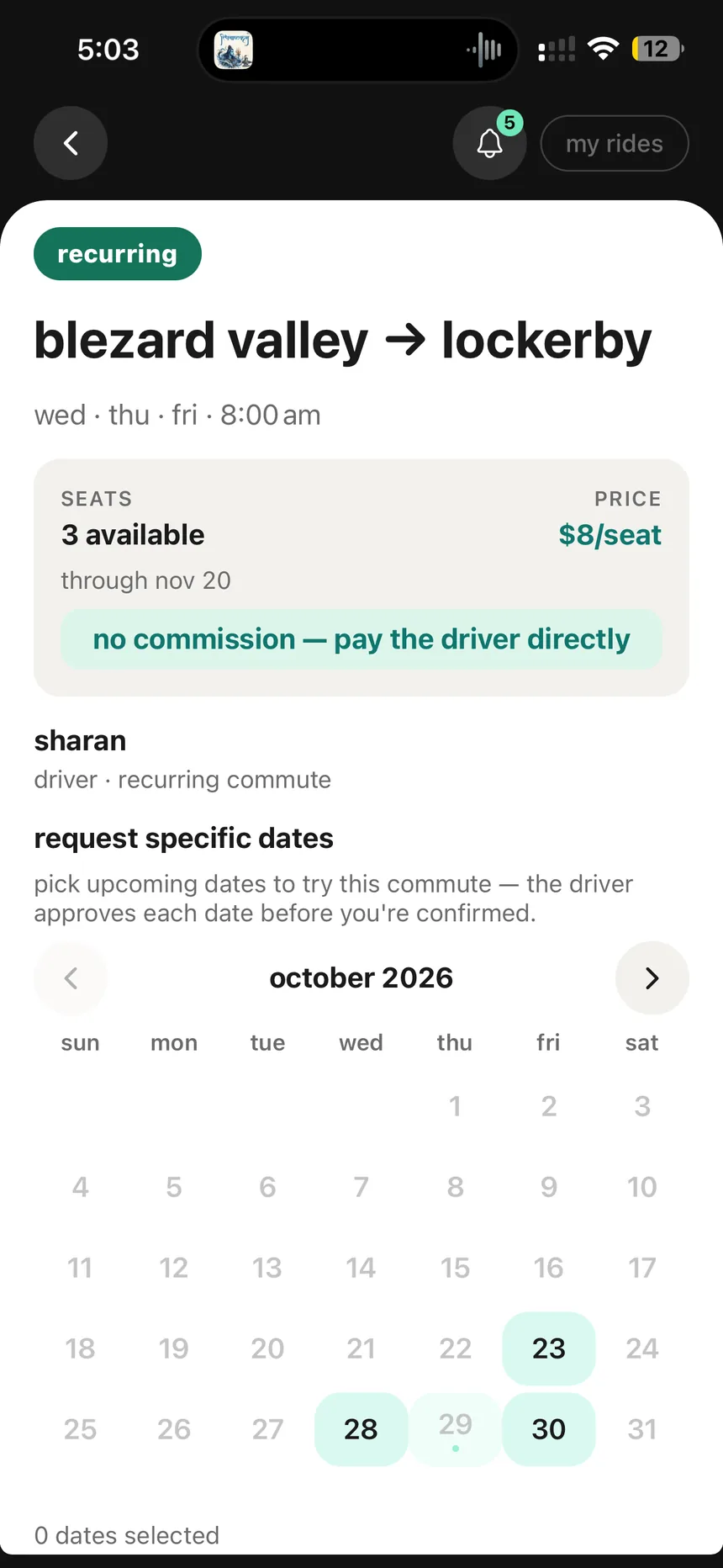 Recurring ride details, seat price and selectable dates