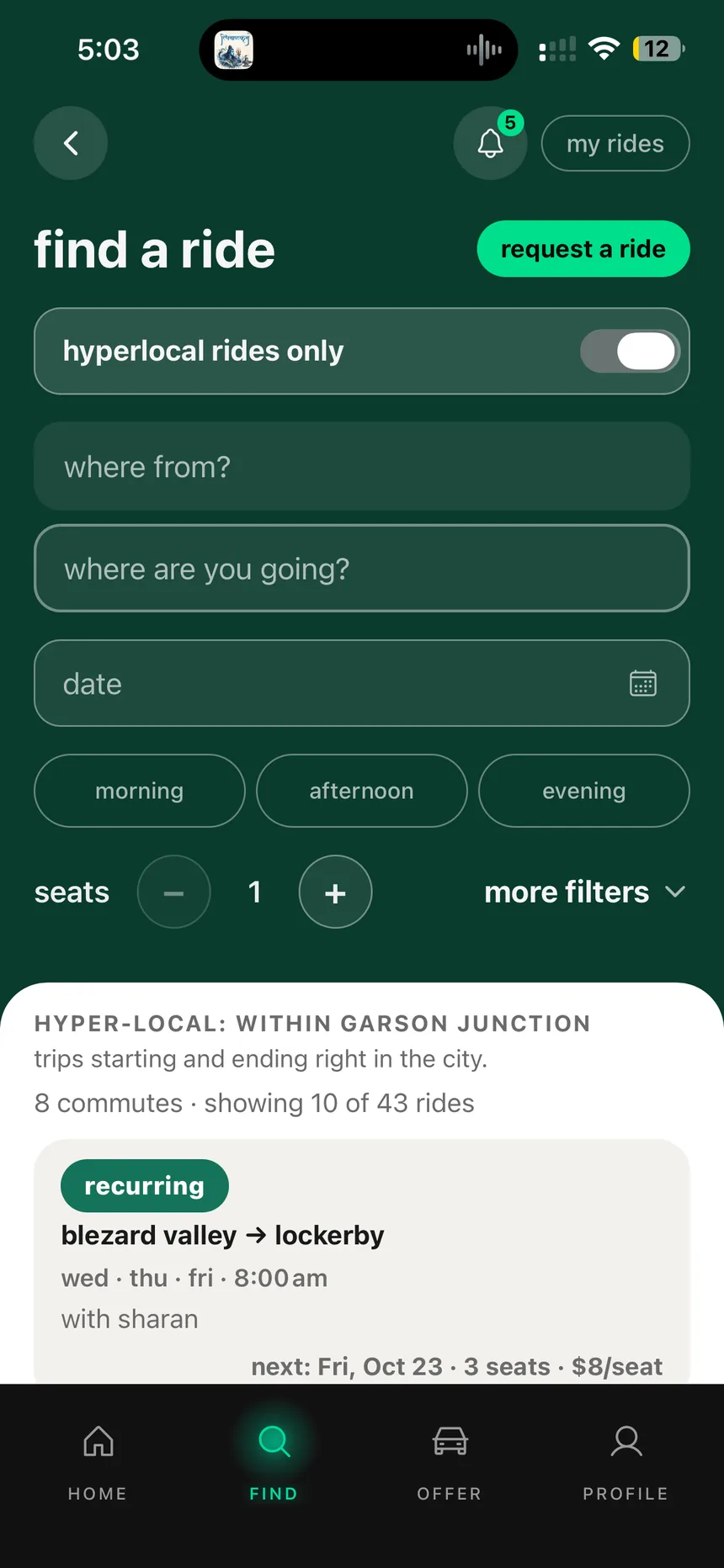 Hyperlocal rides only and recurring commute listings