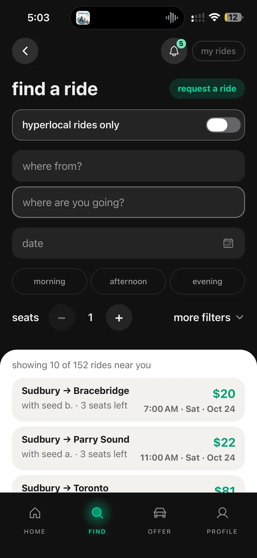 Ride search with filters, date and seat controls