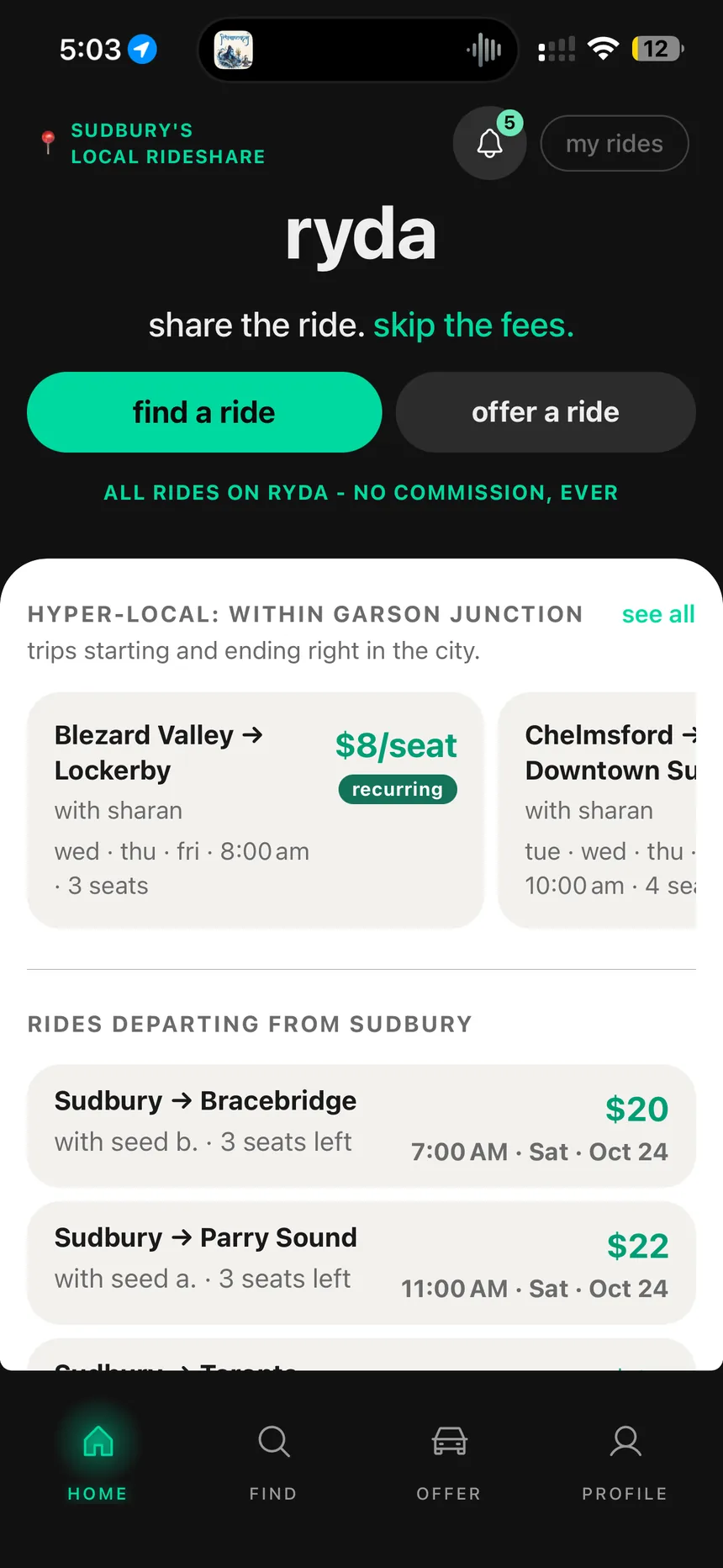 Home page showing nearby and outbound rides