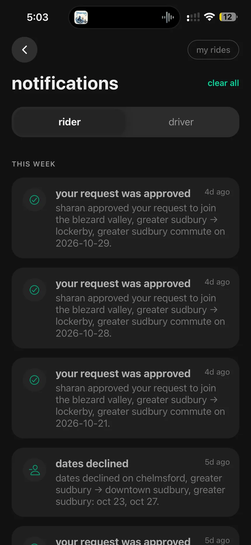 Rider-facing approvals and declined-date notifications